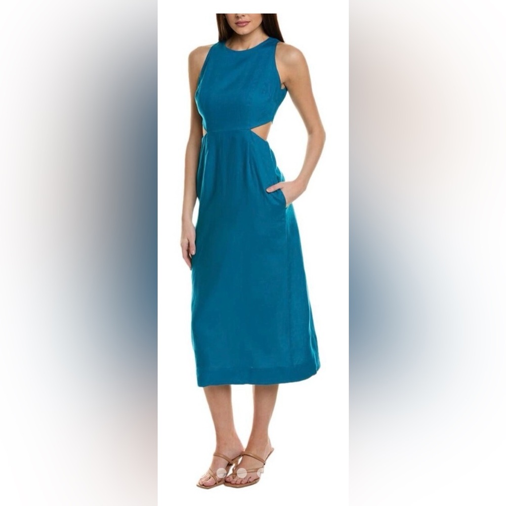 Boden 100% Linen Teal Cut Out Midi Dress Zipper Back Size 10